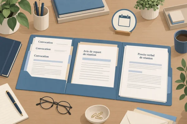 Pochettes et documents en train de contenir des convocations et des avis de report dans une organization bureautique.