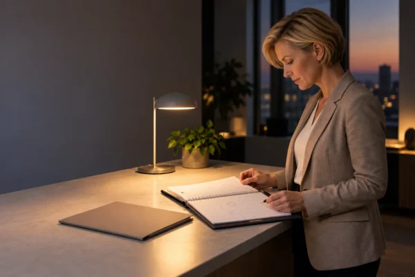Une femme au bureau relit et prend des notes dans un cahier ouvert sur un bureau éclairé par une lampe.