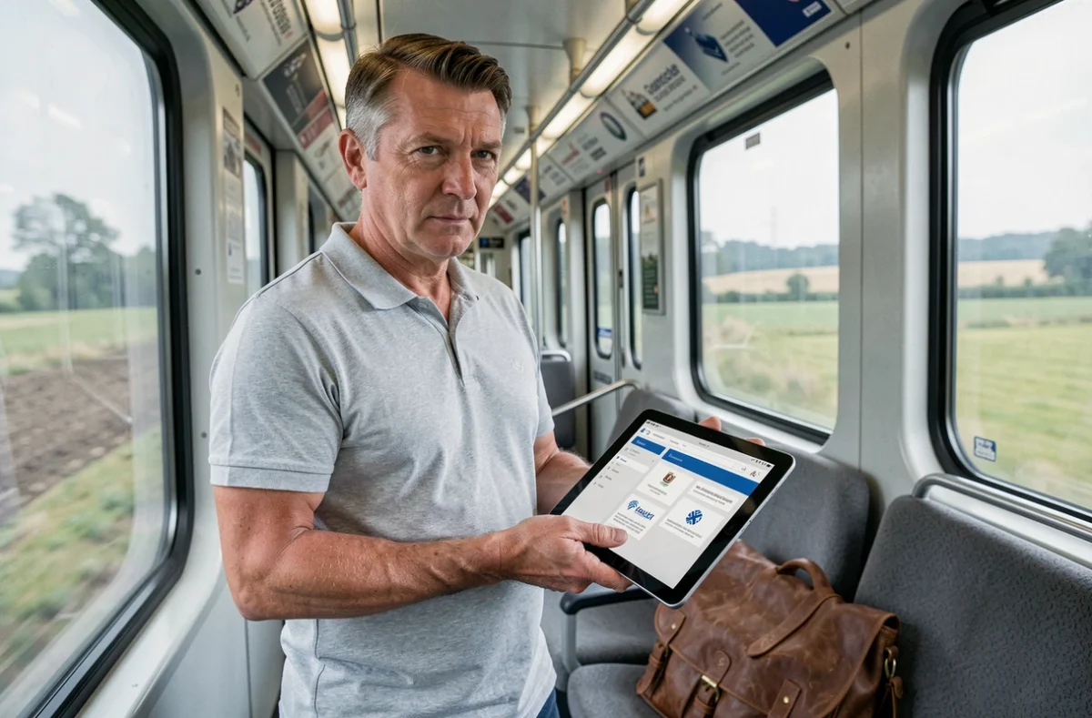 Homme accédant à l'intranet MFR depuis une tablette dans un train en déplacement professionnel