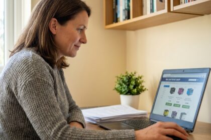 Femme comparant des prix de cartouches d'encre sur un site e-commerce depuis son bureau à domicile