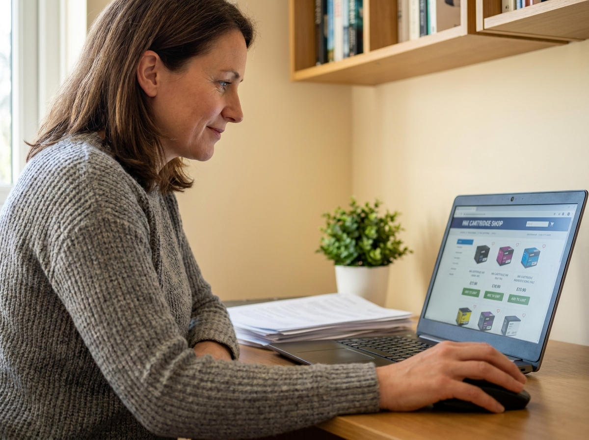 Femme comparant des prix de cartouches d'encre sur un site e-commerce depuis son bureau à domicile