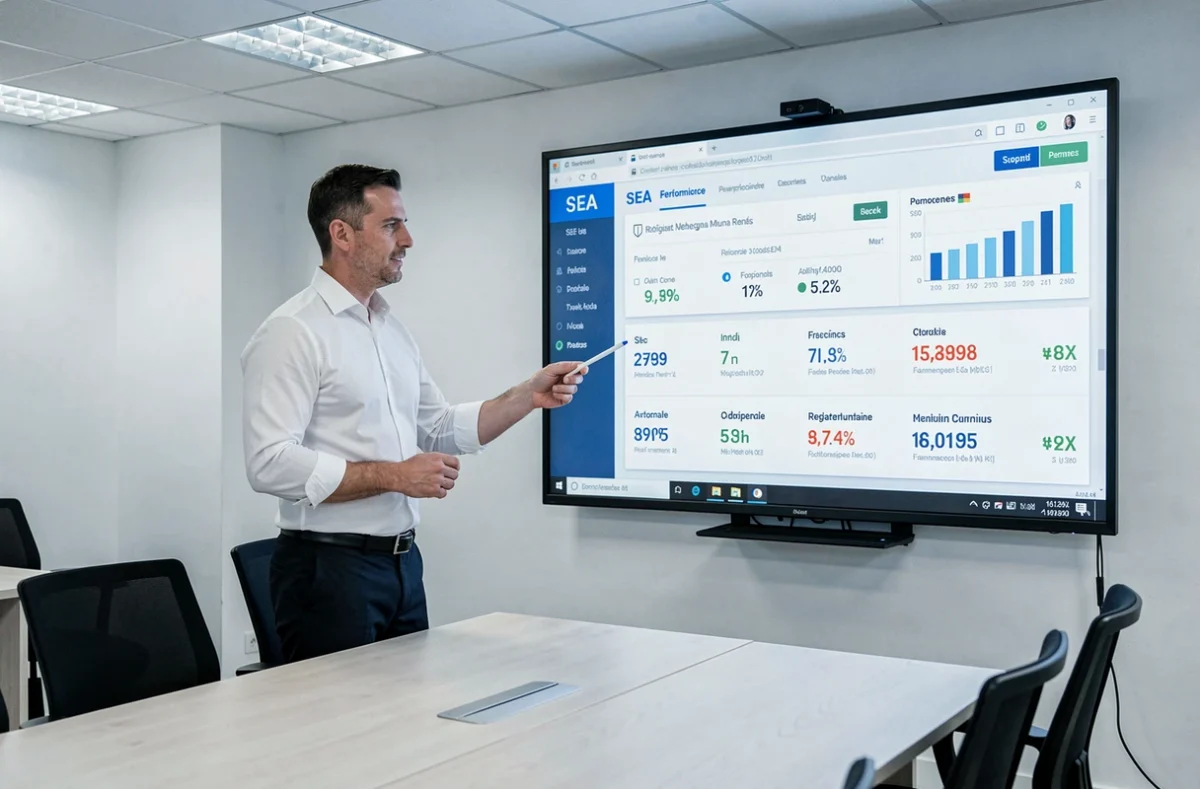 Expert SEO et SEA d'AD Tech Paris présentant des métriques de performance pour le marché du Var en salle de formation