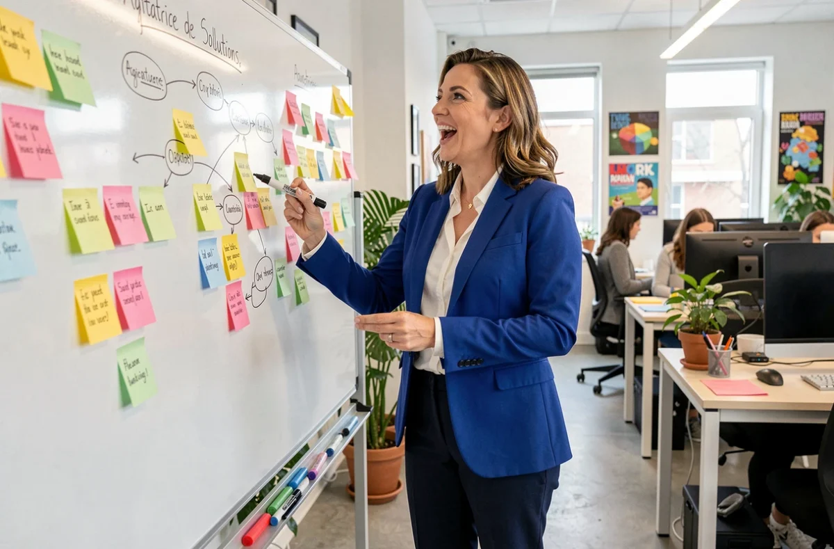 Consultante de l'agence Agitatrice de Solutions animant un atelier de conception de projet web sur tableau blanc