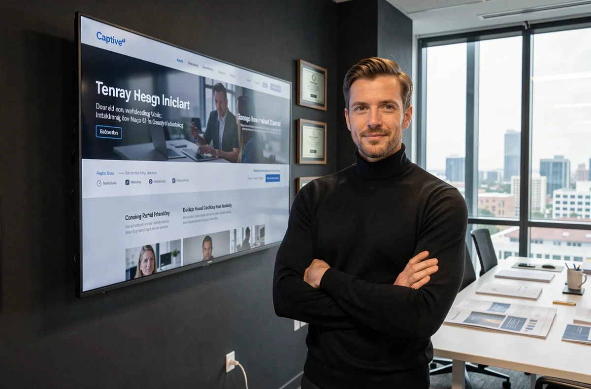 Directeur créatif de l'agence Captive présentant une stratégie de site web et de marketing digital dans un bureau premium
