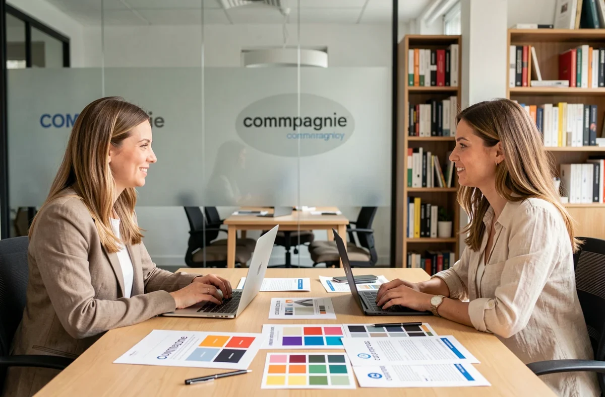 Équipe créative de l'agence Commpagnie travaillant sur des visuels de communication et des maquettes de sites web