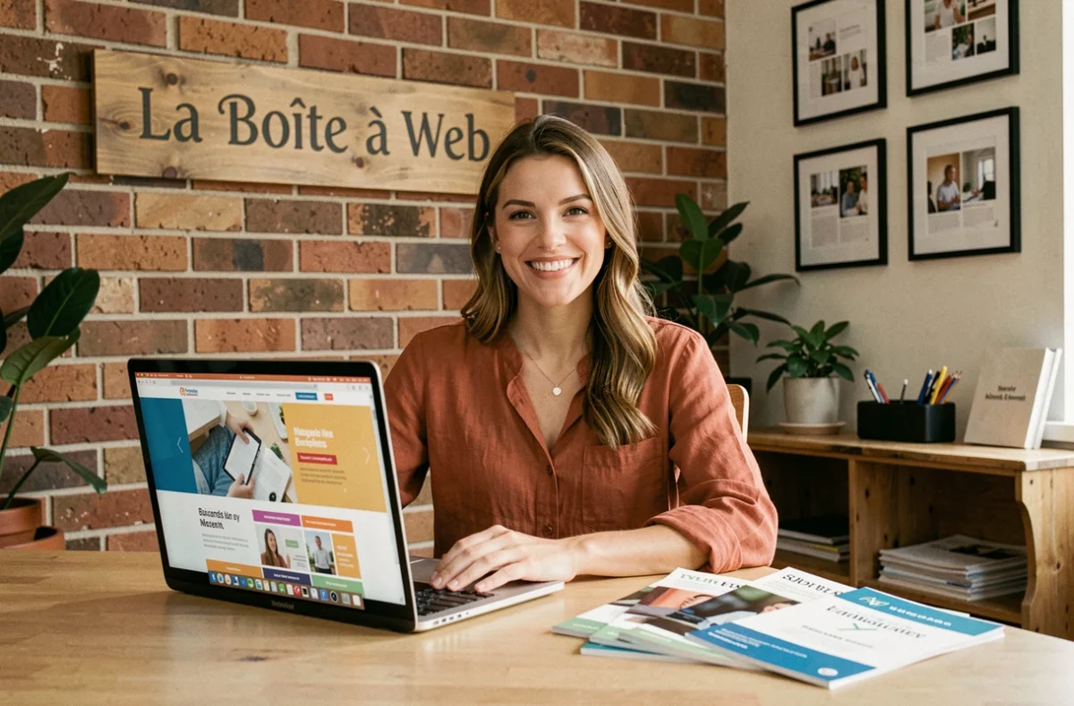 Responsable de l'agence La Boîte à Web accueillant un client dans un espace de travail convivial et chaleureux
