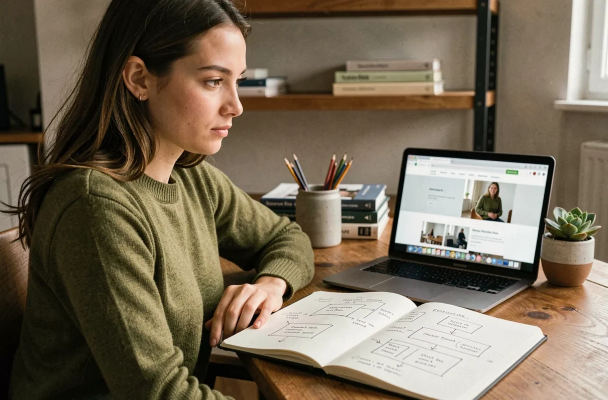 Designer de l'agence Maecia esquissant des maquettes de site internet dans un espace de travail créatif chaleureux