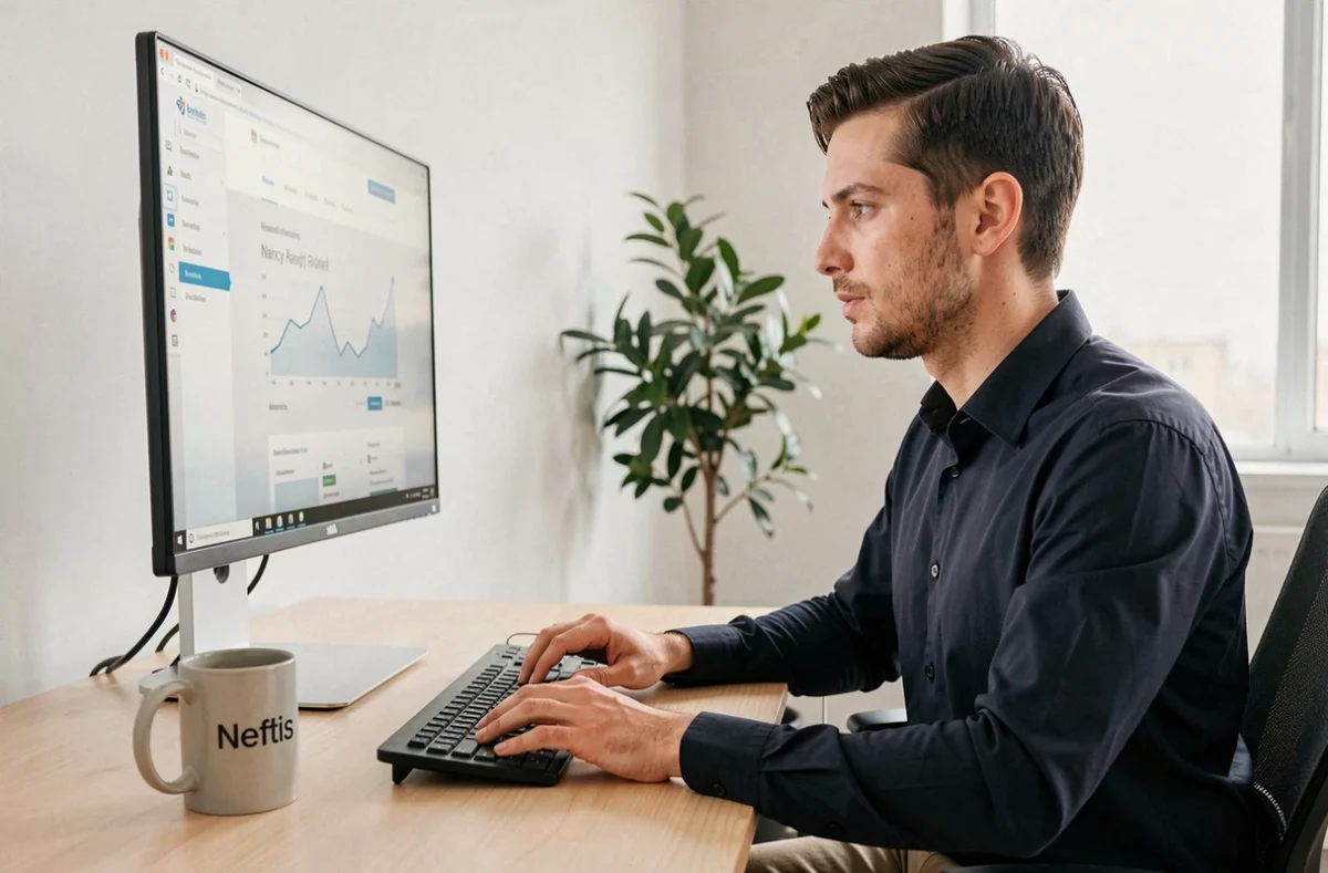 Designer web de l'agence Neftis travaillant sur une maquette de site internet dans un bureau moderne et épuré