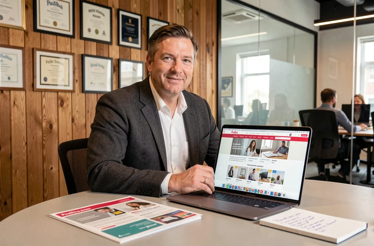 Directeur de l'agence Publika présentant une stratégie de création de site web lors d'une réunion professionnelle