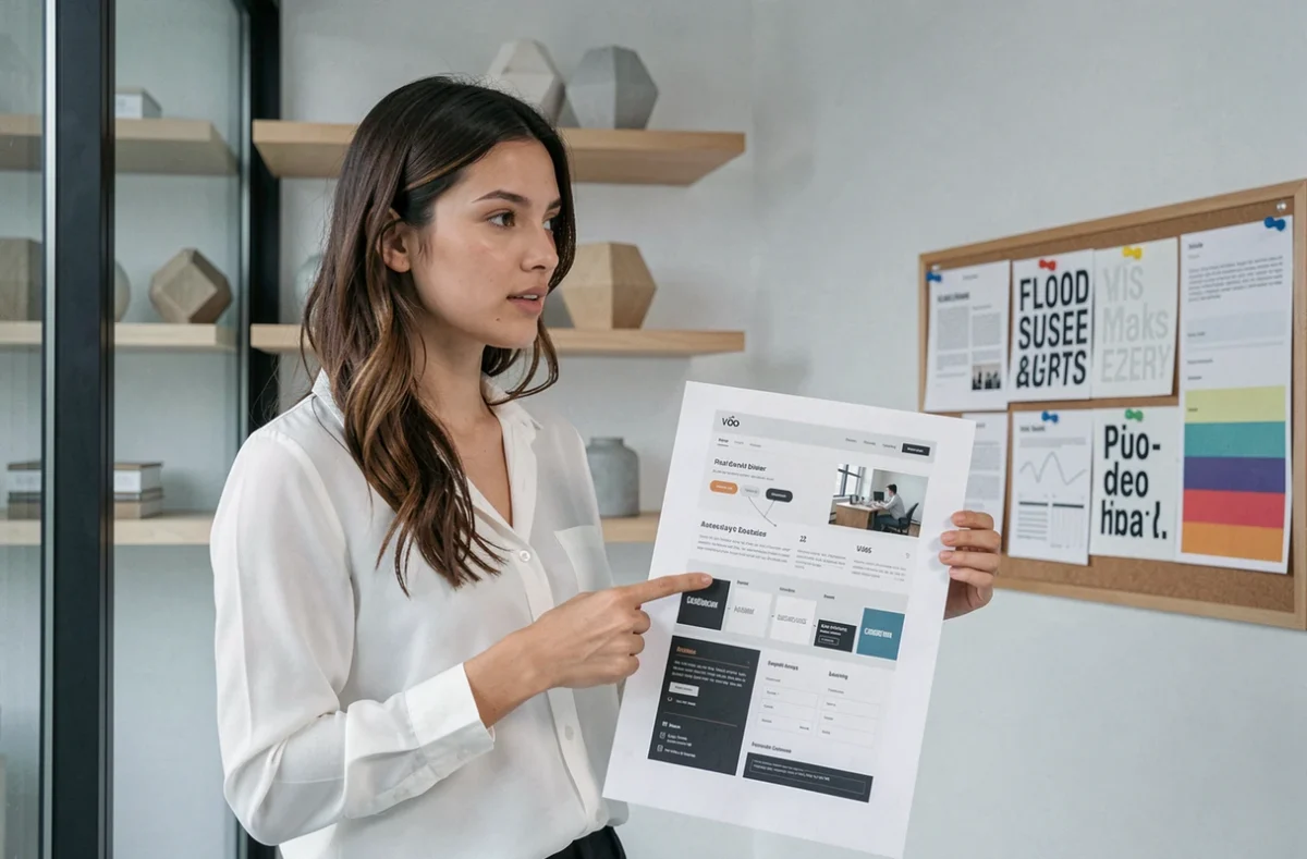Consultante de l'agence Vôo présentant une proposition de design de site internet dans un studio moderne