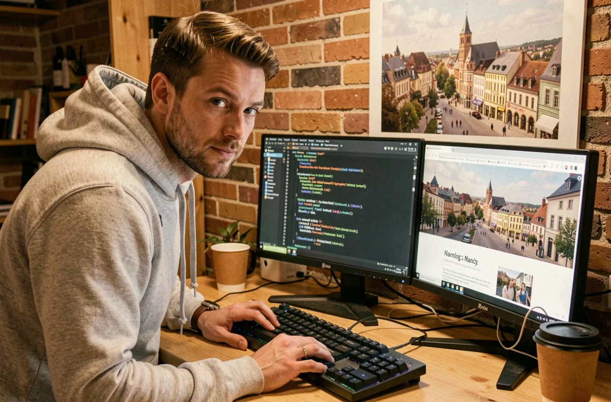 Développeur web de l'agence Web Nancy codant un site internet sur un double écran dans un bureau contemporain