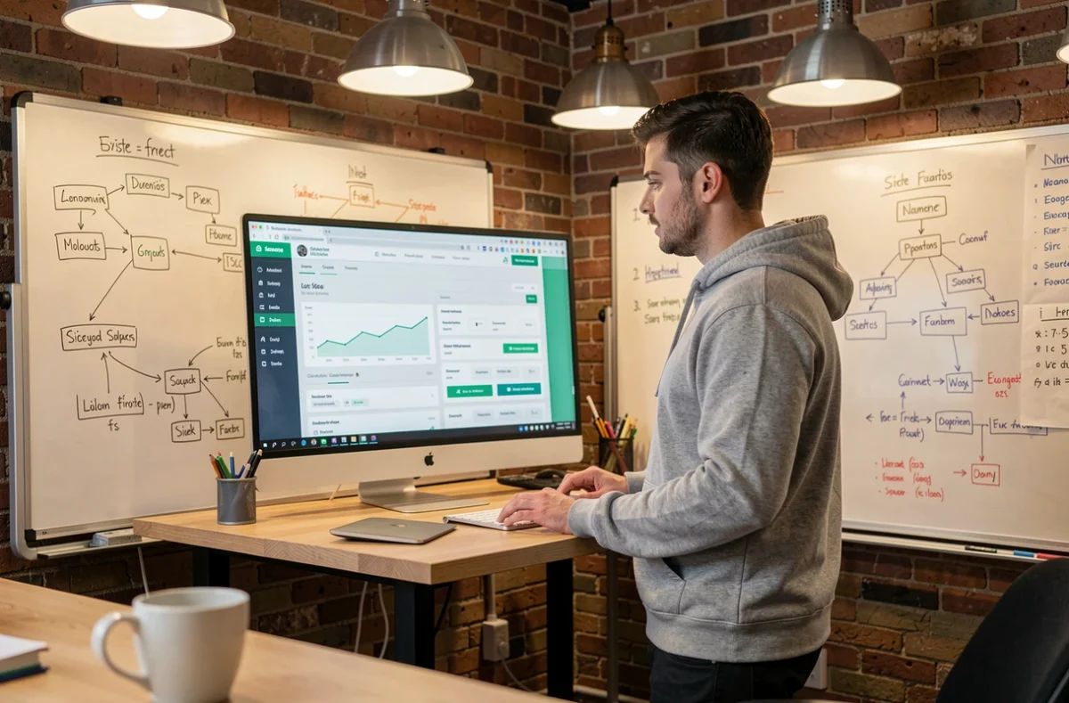 Développeur web et stratège SEO de l'agence Web'up devant un tableau de bord de performance de site
