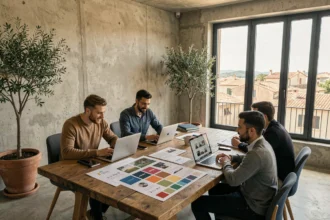 Équipe d'une agence de communication créative en Provence-Alpes-Côte d'Azur travaillant autour d'une table avec des moodboards et des maquettes de marques
