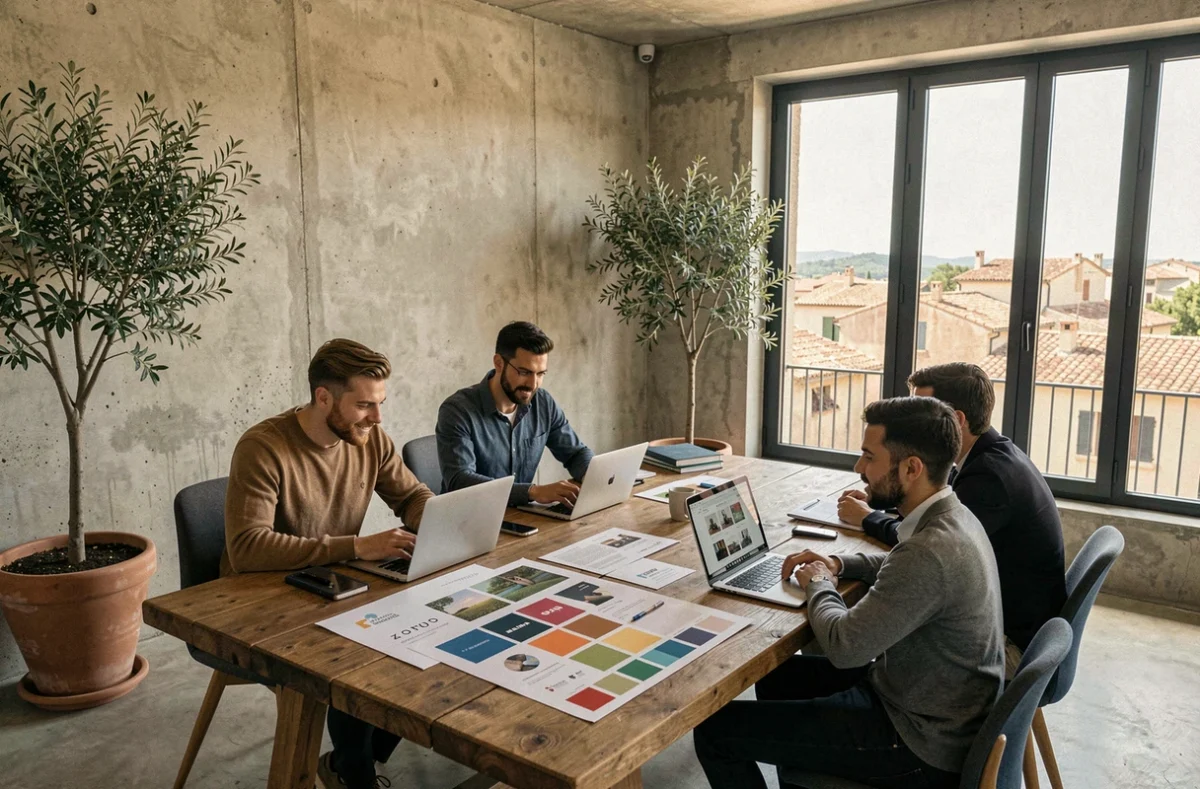 Équipe d'une agence de communication créative en Provence-Alpes-Côte d'Azur travaillant autour d'une table avec des moodboards et des maquettes de marques
