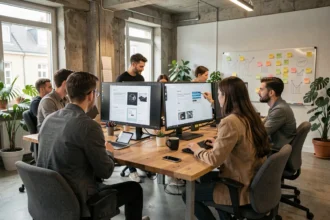 Vue d'ensemble d'une agence web moderne en Meurthe-et-Moselle avec des professionnels collaborant autour d'écrans affichant des maquettes de sites internet