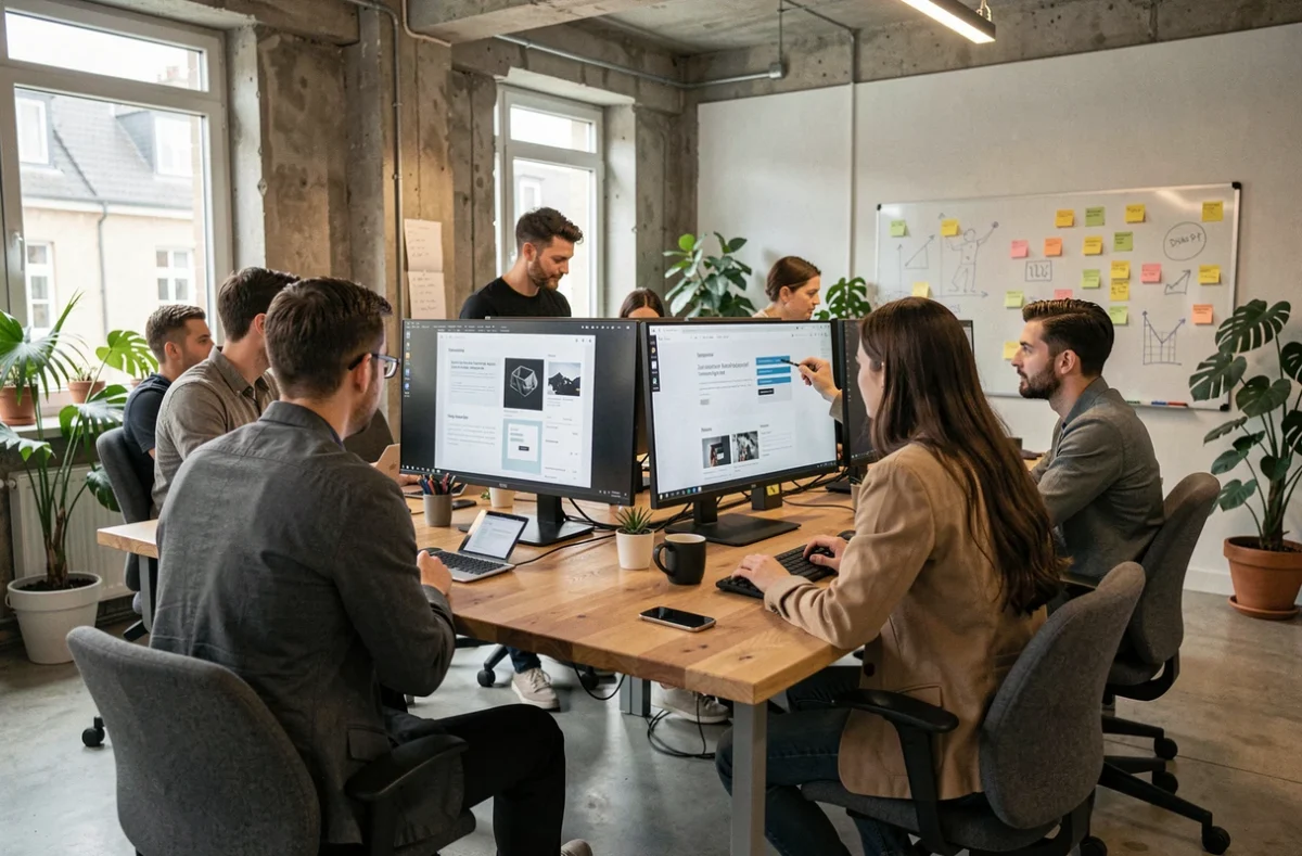 Vue d'ensemble d'une agence web moderne en Meurthe-et-Moselle avec des professionnels collaborant autour d'écrans affichant des maquettes de sites internet