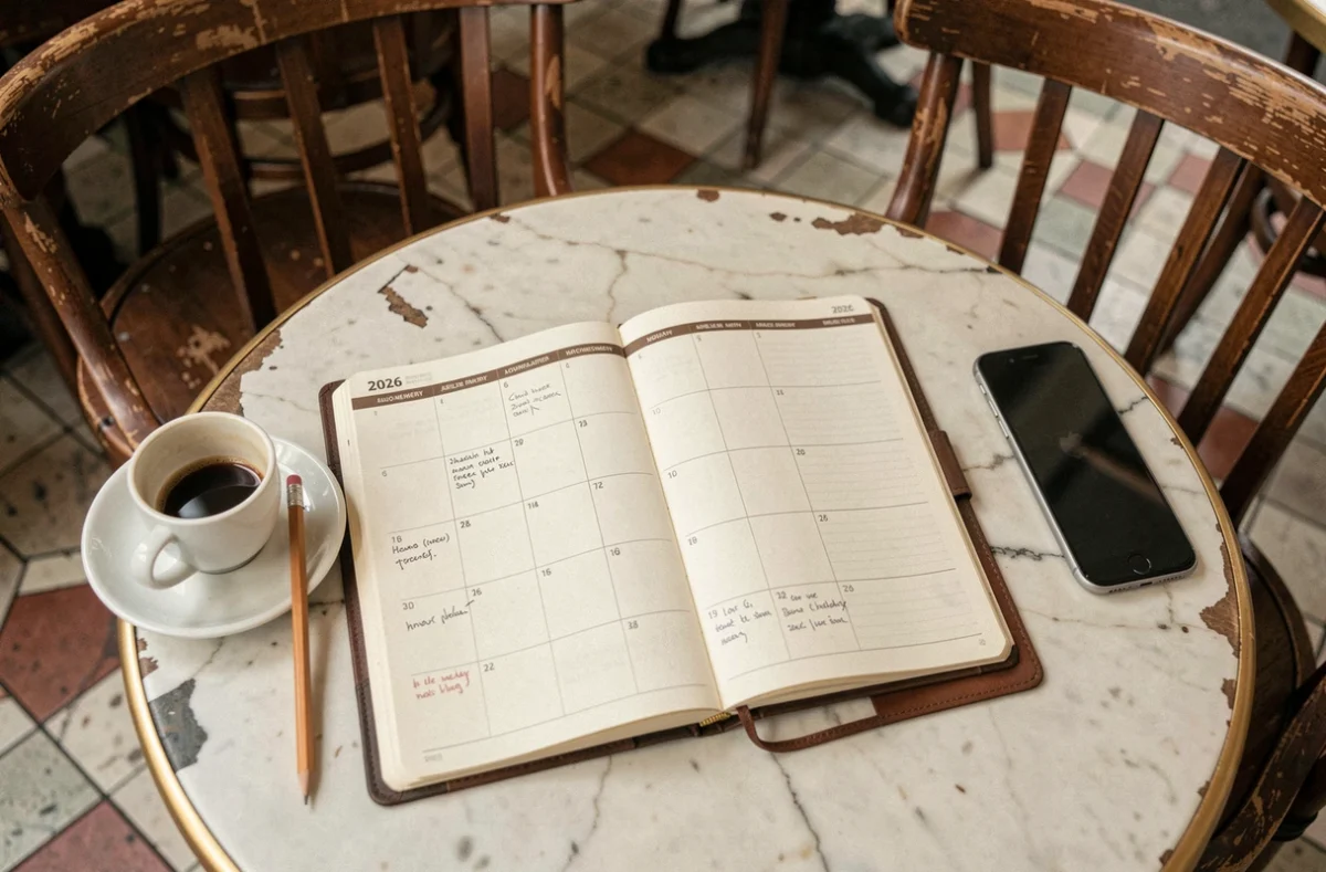 Agenda 2026 ouvert sur une table de café parisien avec un espresso et un crayon en bois