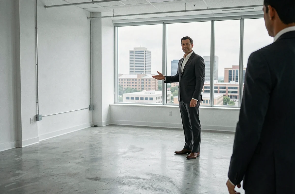 Agent immobilier présentant un plateau de bureaux vide à louer à Levallois-Perret avec vue sur le quartier d'affaires