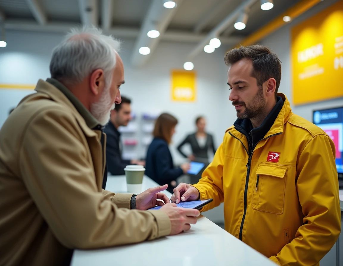 Agent La Poste expliquant les nouvelles activités sociales à un senior au guichet d'un bureau de poste