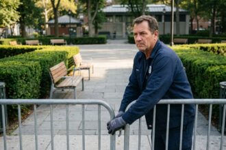 Agent municipal en uniforme sécurise l'entrée du parc