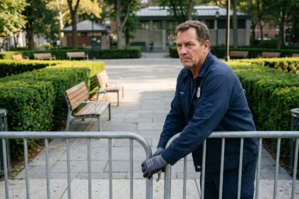 Agent municipal en uniforme sécurise l'entrée du parc