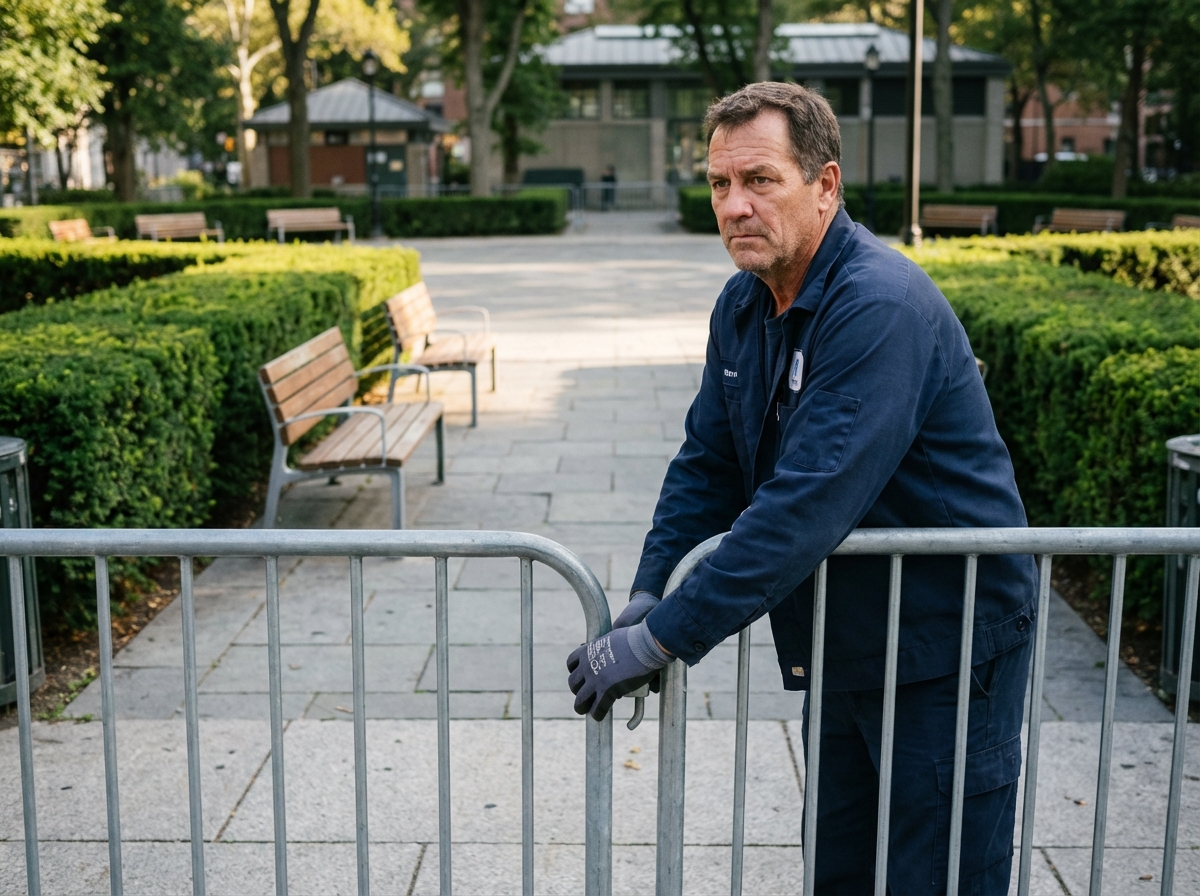 Agent municipal en uniforme sécurise l'entrée du parc
