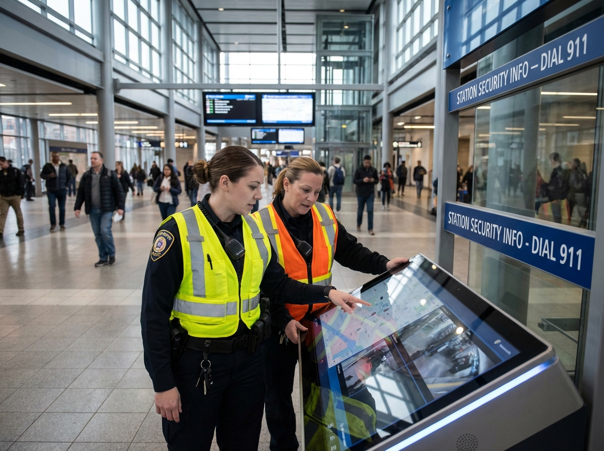 Deux agentes de sécurité dans une station de transit moderne