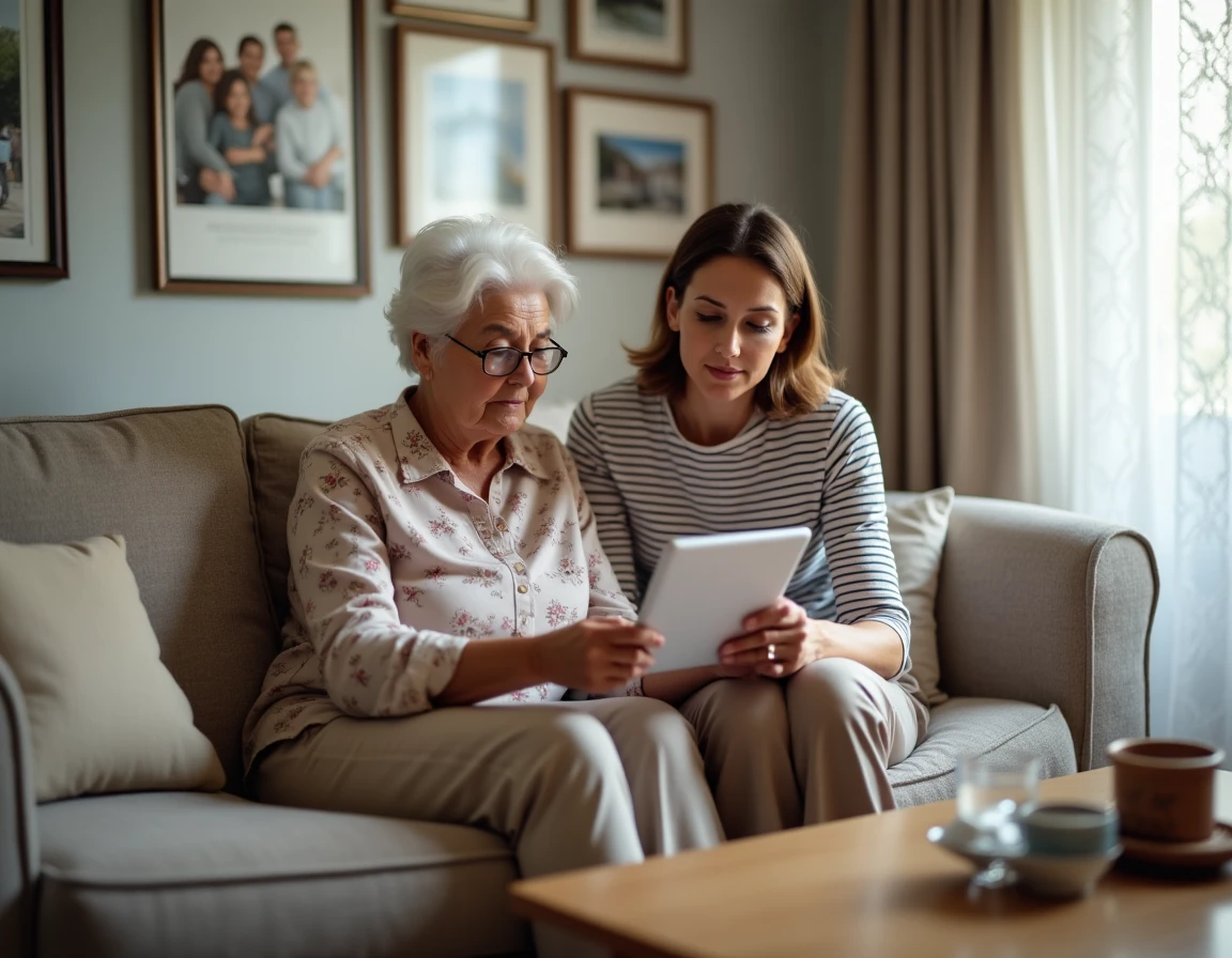 Femme âgée et aidante consultant ensemble les nouvelles prestations sociales La Poste sur une tablette