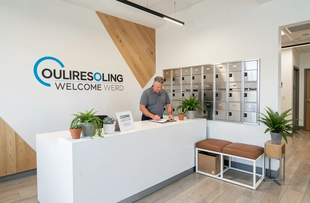 Responsable aménageant l'accueil d'un espace de coworking avec signalétique et mobilier design