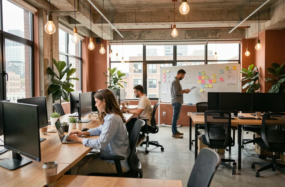 Espace de coworking moderne en open space avec des professionnels au travail, bureaux en bois et fenêtres industrielles