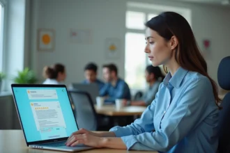 Femme en entreprise analysant des avis clients sur son ordinateur portable dans un bureau moderne