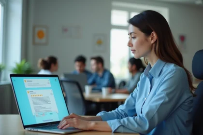 Femme en entreprise analysant des avis clients sur son ordinateur portable dans un bureau moderne