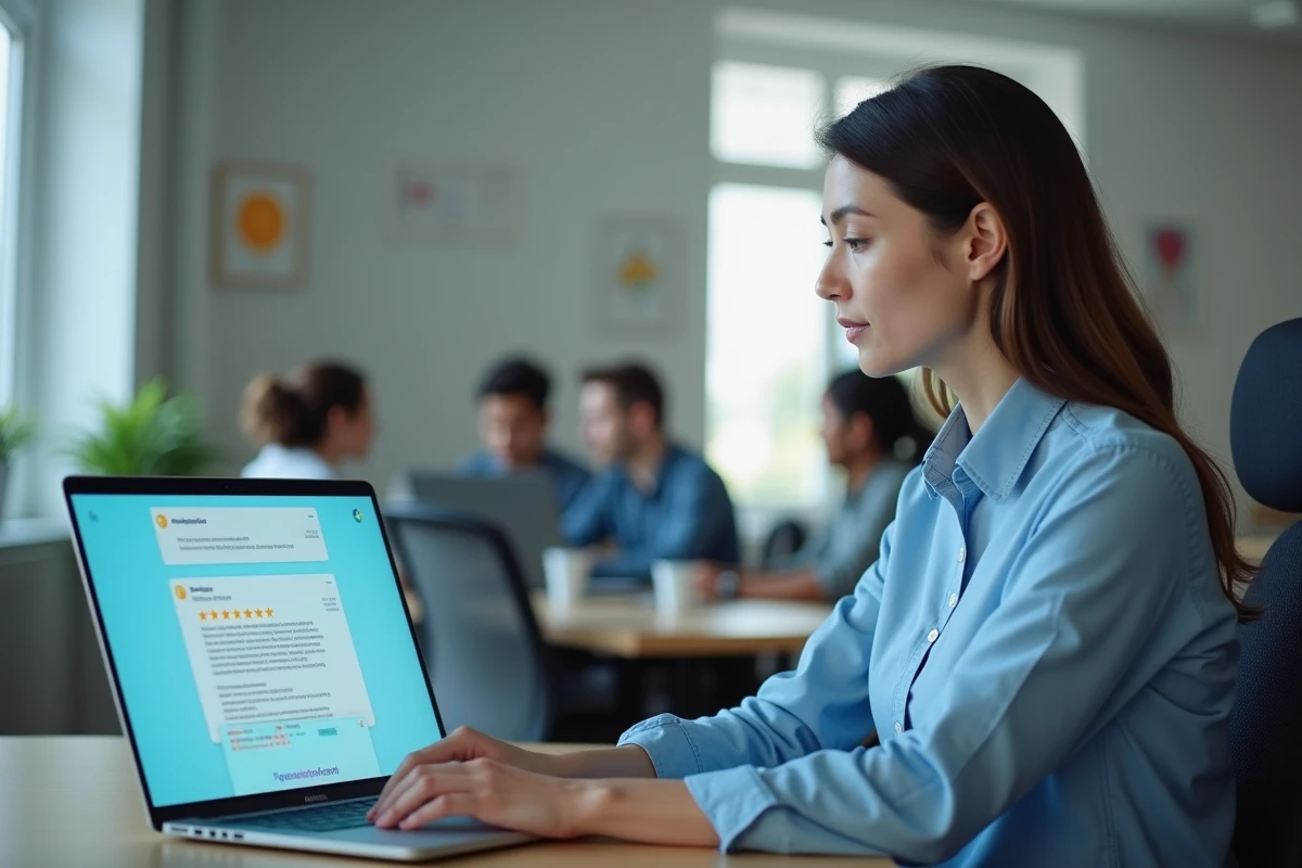 Femme en entreprise analysant des avis clients sur son ordinateur portable dans un bureau moderne