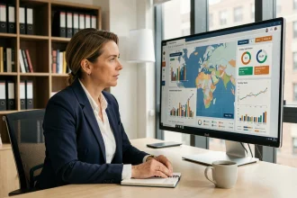Femme professionnelle analysant des indicateurs économiques territoriaux sur un tableau de bord numérique interactif dans un bureau moderne