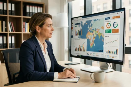 Femme professionnelle analysant des indicateurs économiques territoriaux sur un tableau de bord numérique interactif dans un bureau moderne