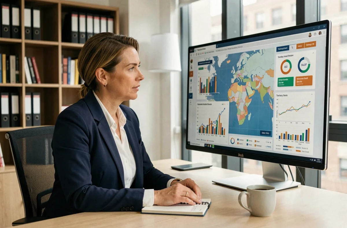 Femme professionnelle analysant des indicateurs économiques territoriaux sur un tableau de bord numérique interactif dans un bureau moderne