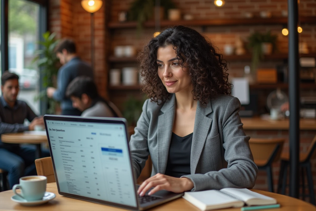 Femme analysant une comparaison de prix de logiciels IA dans un café avec un ordinateur portable