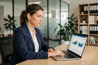 Professionnelle analysant des données de veille concurrentielle sur un ordinateur portable dans un bureau moderne