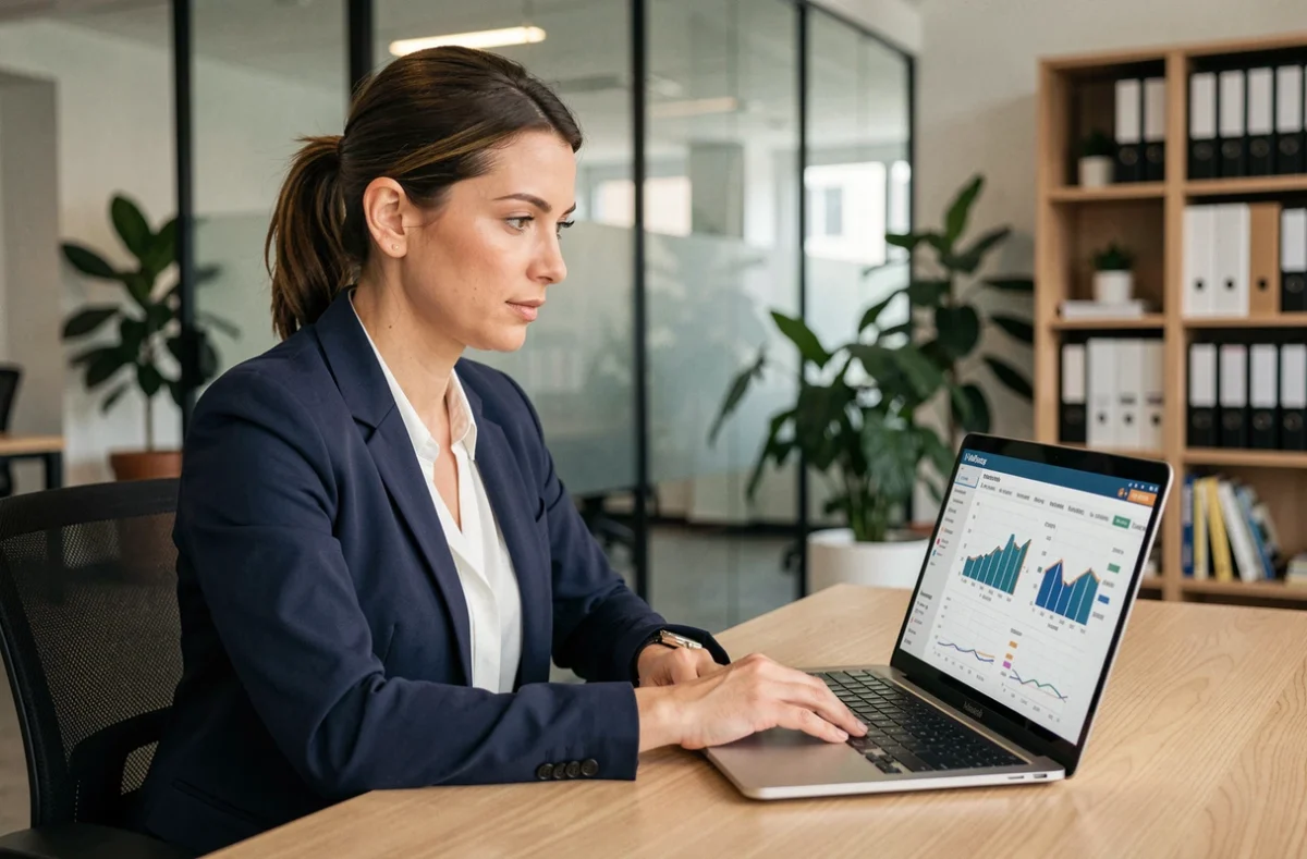 Professionnelle analysant des données de veille concurrentielle sur un ordinateur portable dans un bureau moderne