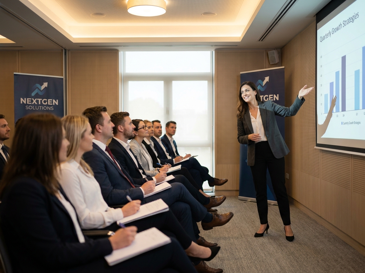 Femme présentatrice animant un atelier lors d'un séminaire professionnel devant un public attentif en salle de formation