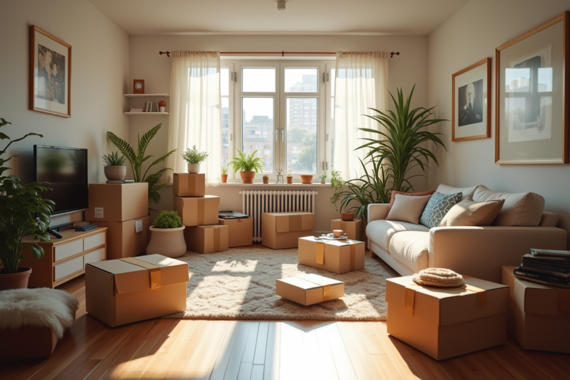 Appartement encombre avec meubles et cartons en désordre