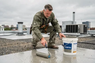 Couvreur appliquant un enduit d'étanchéité Coanu sur une toiture terrasse plate en milieu urbain