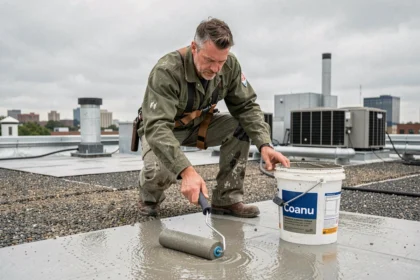 Couvreur appliquant un enduit d'étanchéité Coanu sur une toiture terrasse plate en milieu urbain
