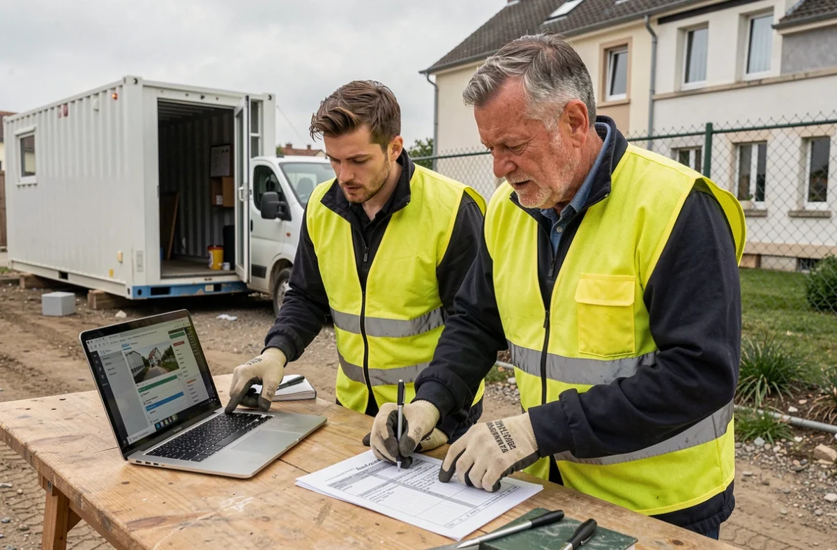 Deux artisans du bâtiment consultant une plateforme BTP en ligne sur ordinateur portable sur un chantier de rénovation