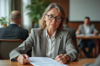 Femme consultant l'ordre du jour lors d'une assemblée générale de copropriété pour traiter un trouble de voisinage