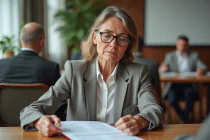 Femme consultant l'ordre du jour lors d'une assemblée générale de copropriété pour traiter un trouble de voisinage
