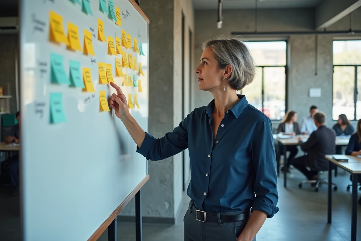 Assistante indépendante organisant ses idées d'accroche professionnelle sur un tableau blanc dans un espace de coworking