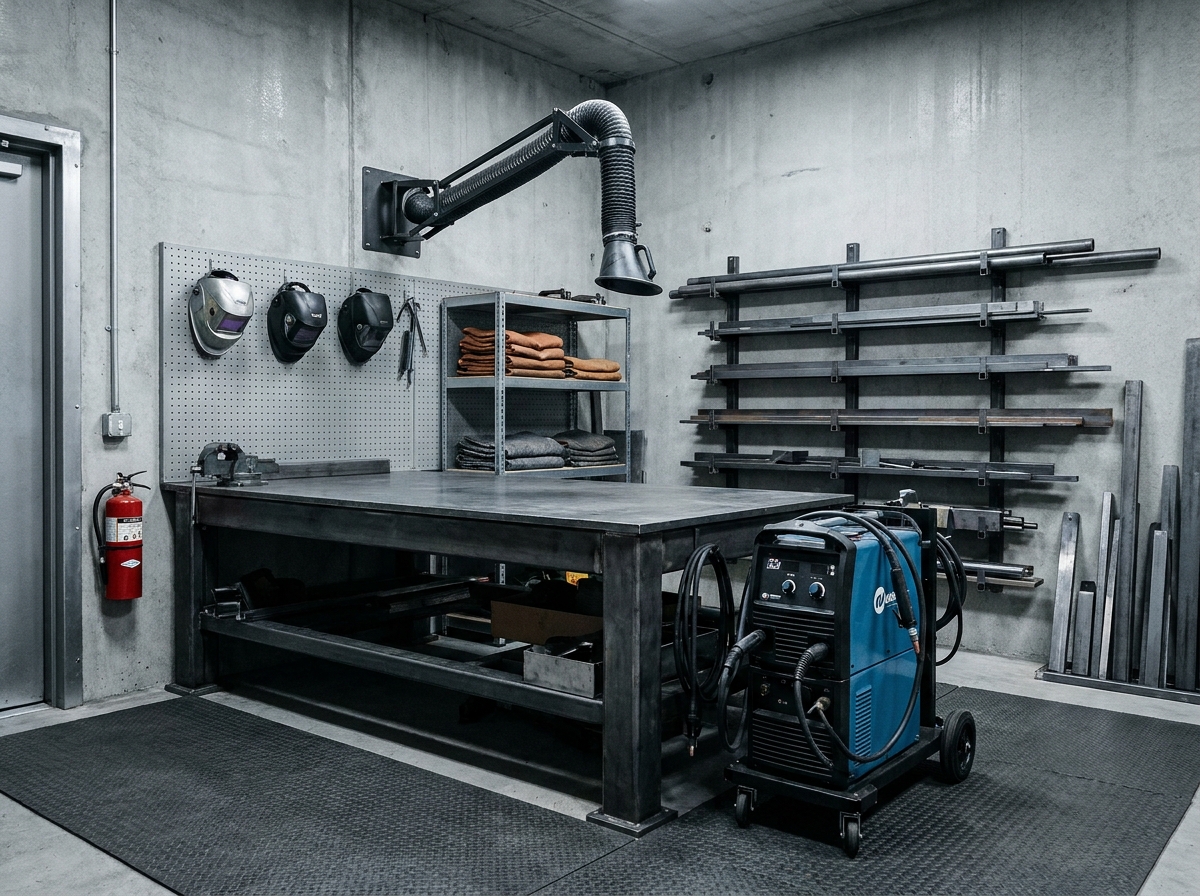 Vue d'ensemble d'un atelier de soudage maison bien équipé avec postes TIG et MIG, rangements et système de ventilation