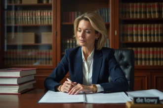 Avocate spécialisée en propriété intellectuelle consultant des documents juridiques dans son cabinet