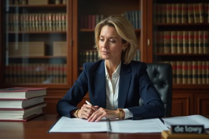 Avocate spécialisée en propriété intellectuelle consultant des documents juridiques dans son cabinet